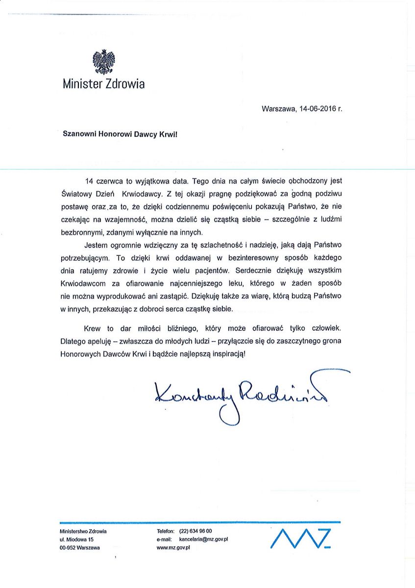 Życznie Ministra Zdrowia z okazji Światowego Dnia Krwiodawcy